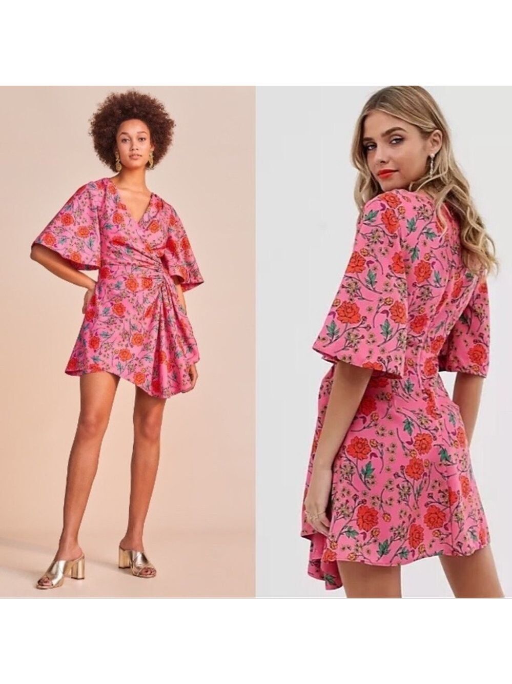 Finders Keepers Hana pink floral flower Short Sleeve Faux Wrap Mini Dress 4 NWOT